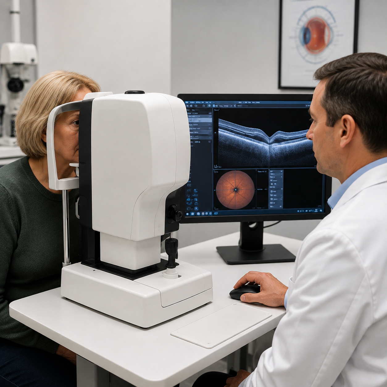 Eye doctor performing an automated eye examination on a patient