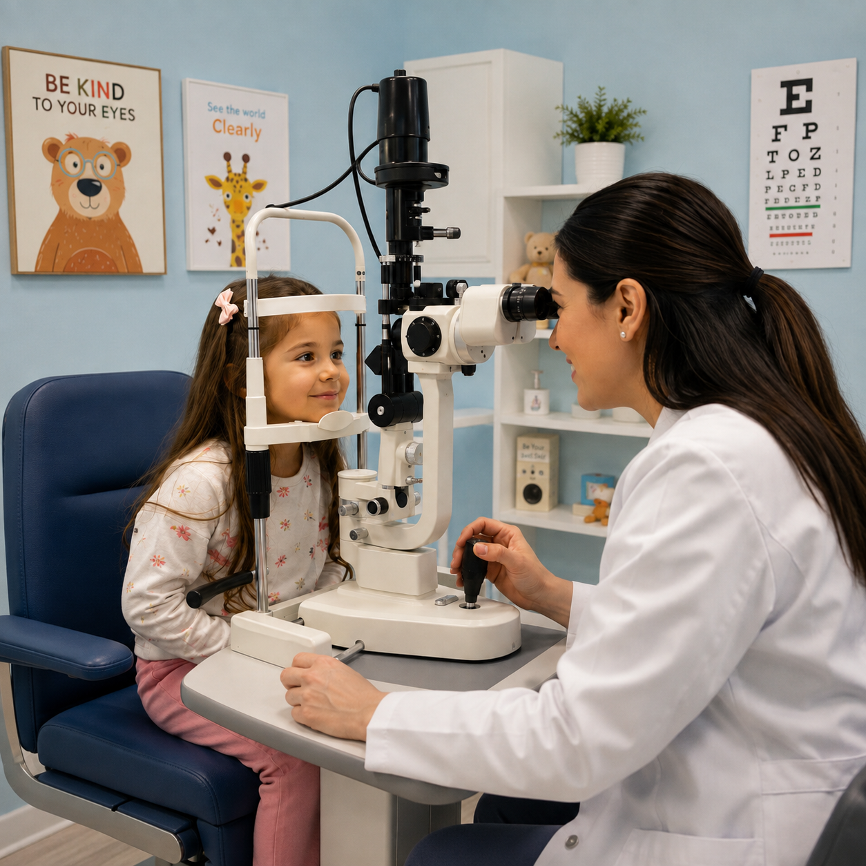 A child taking an eye vision test with an optometrist