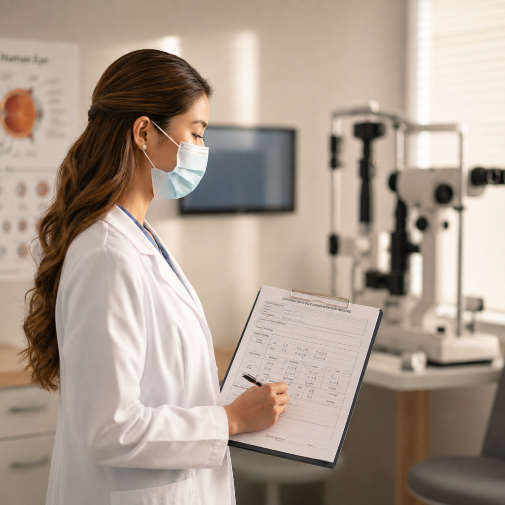 A female doctor in a mask reviewing a patient's medical report