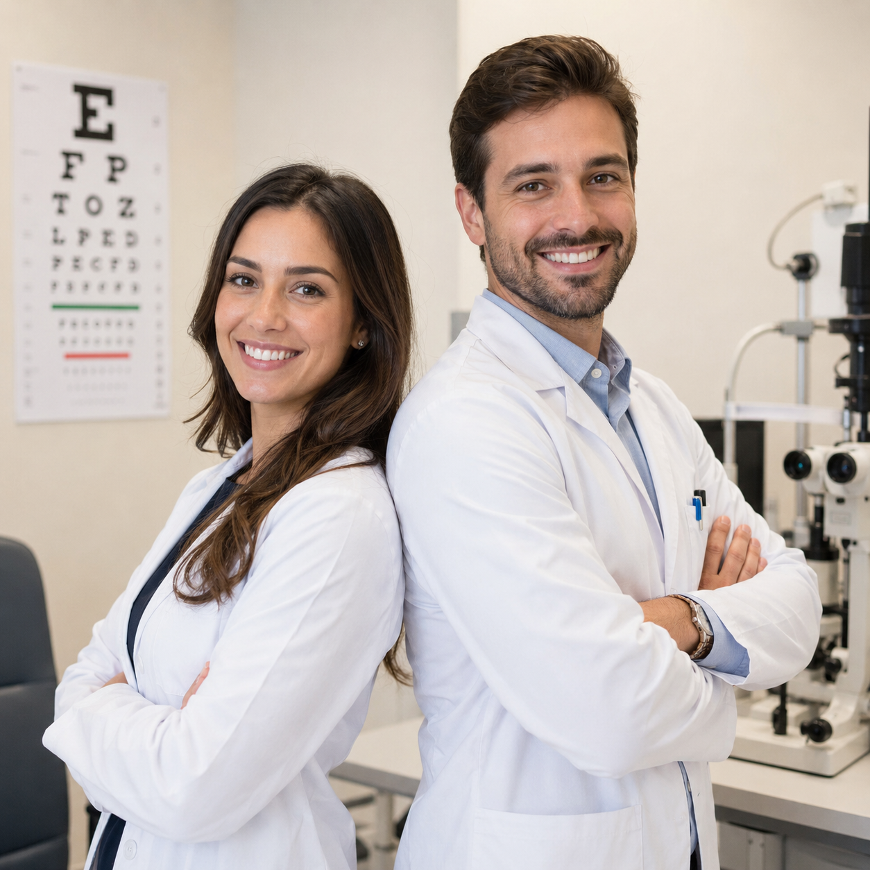 A female and male eye doctor smiling together in a clinic