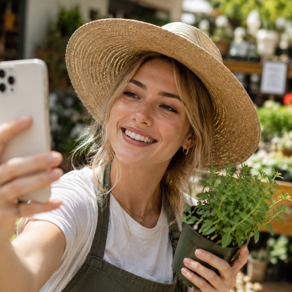 A young woman in a hat taking a selfie outdoors