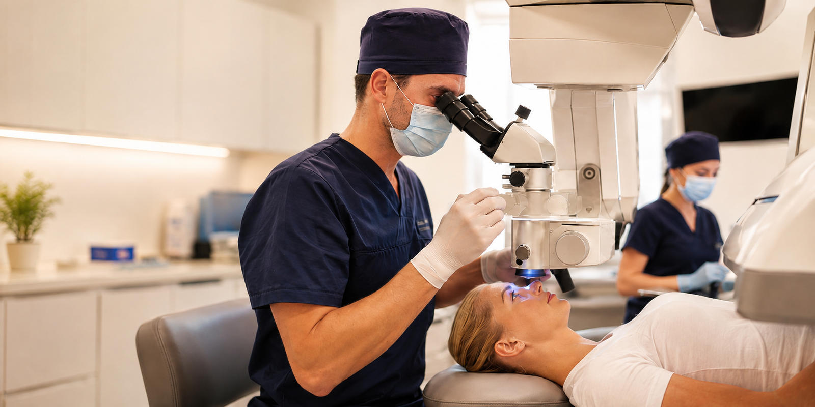 Eye surgeon performing a delicate procedure using a medical microscope